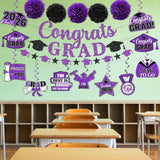 Purple Black Graduation Decorations 2026, Class of 2026 Party Set (Banner, Pom Poms, Swirls)