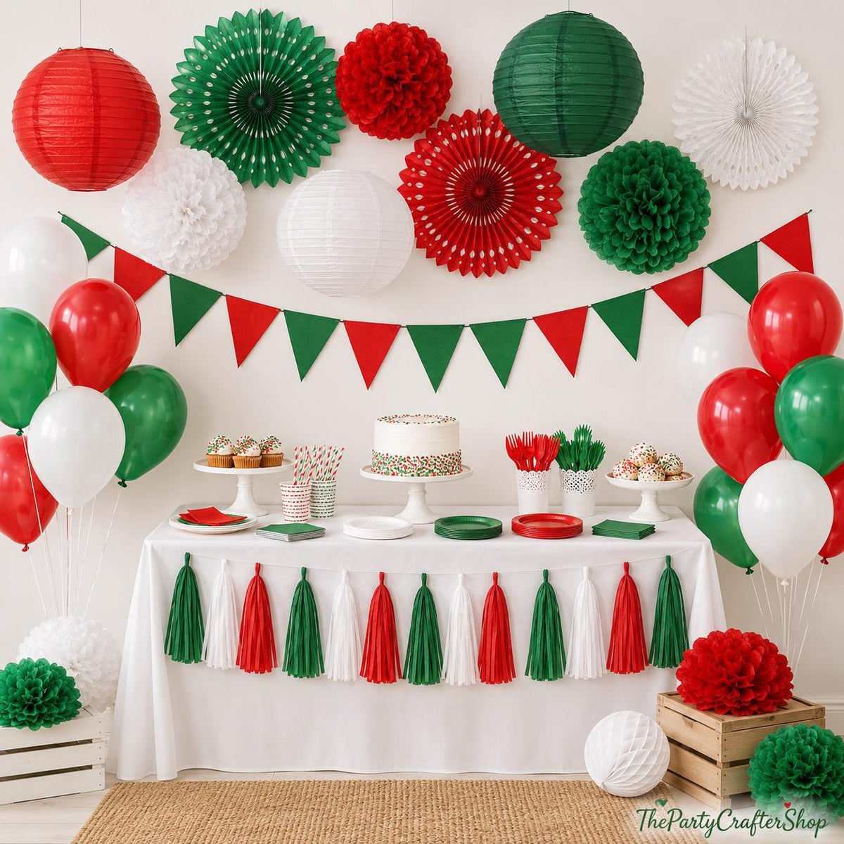 Mexican Independence Day Party Kit, Red Green White Banners, Fans, Lanterns, Pom Poms, Balloons