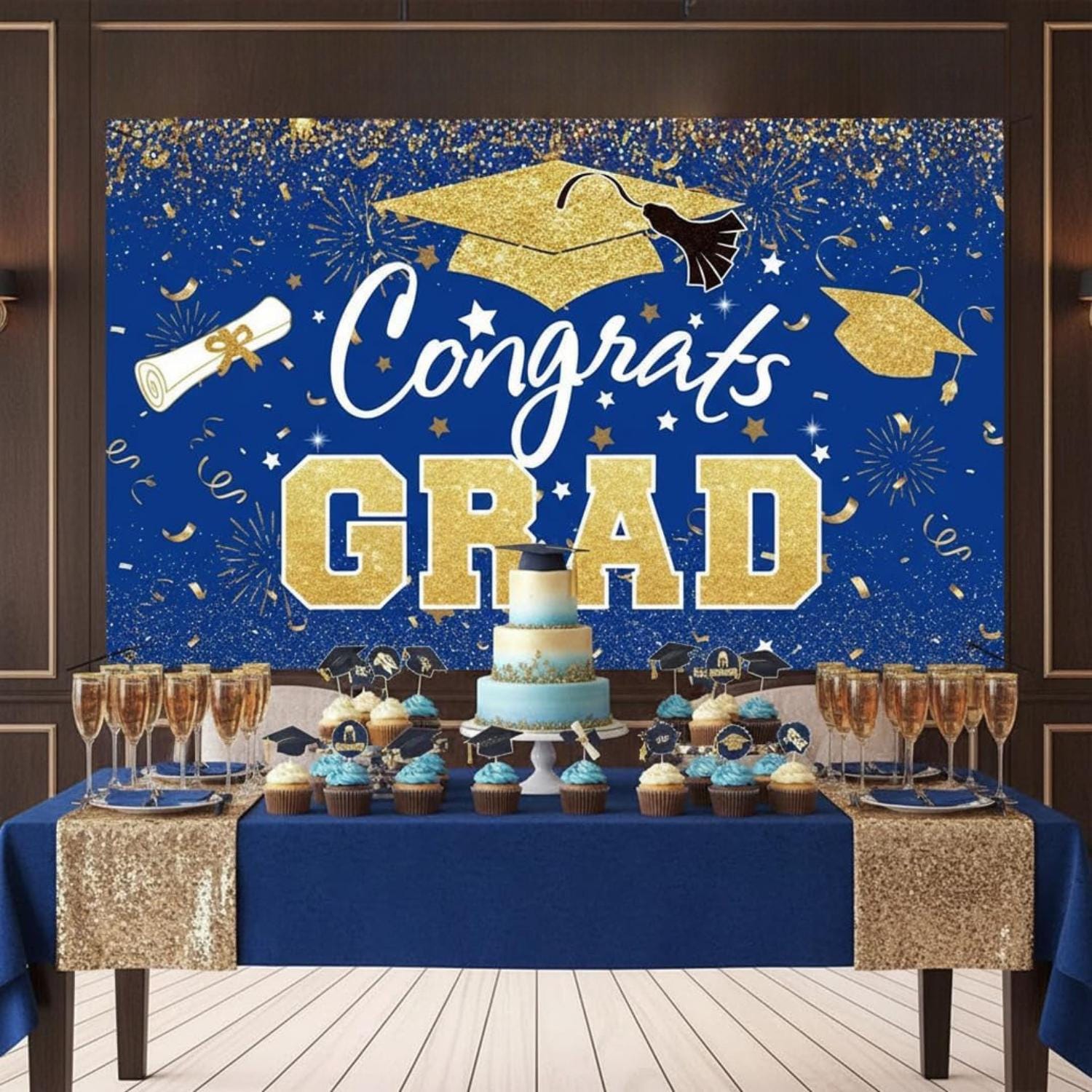 Blue Gold Graduation Banner, Class of 2026 Party Backdrop (70.87x43.3 Inch)