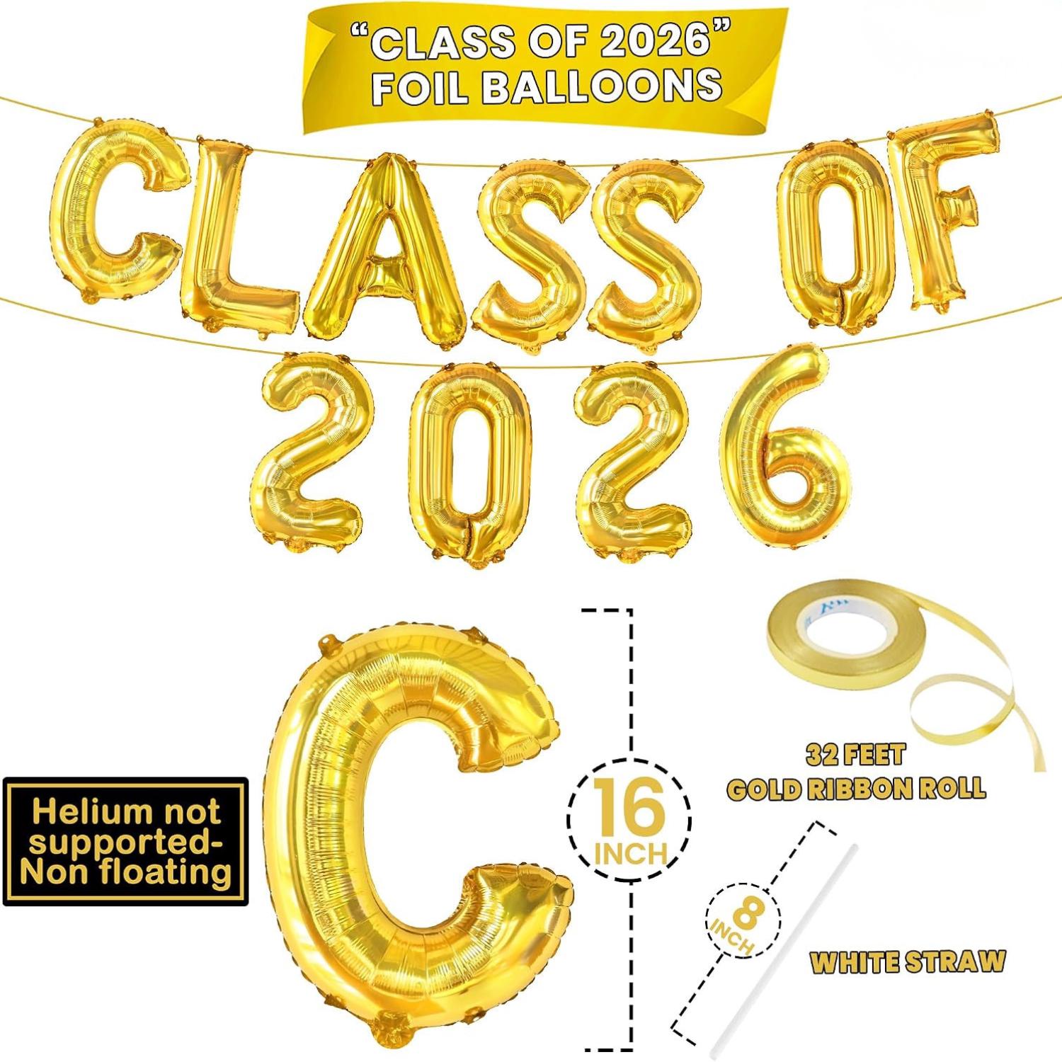 Class of 2026 Gold Foil Balloon Banner Set, 16 Inch Graduation Decorations