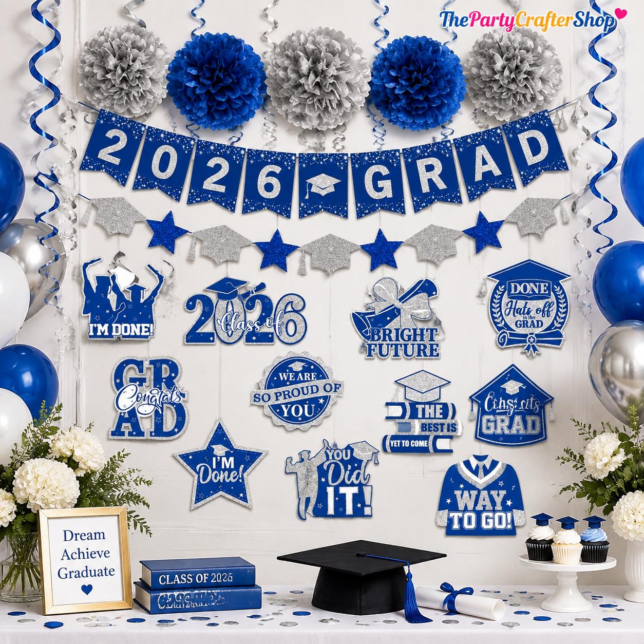 Class of 2026 Graduation Decorations, Blue Silver Banner, Swirls, Lanterns (Party Set)