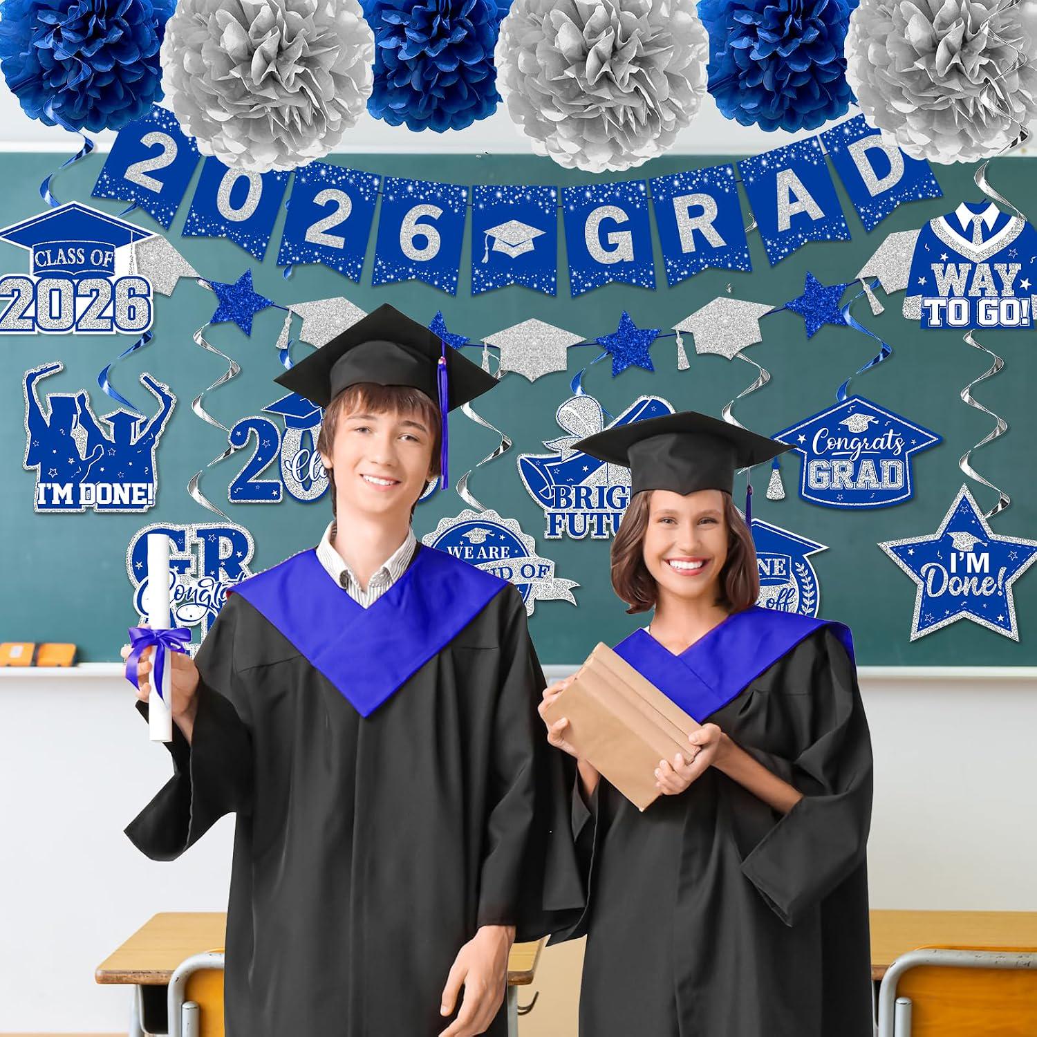Class of 2026 Graduation Decorations, Blue Silver Banner, Swirls, Lanterns (Party Set)