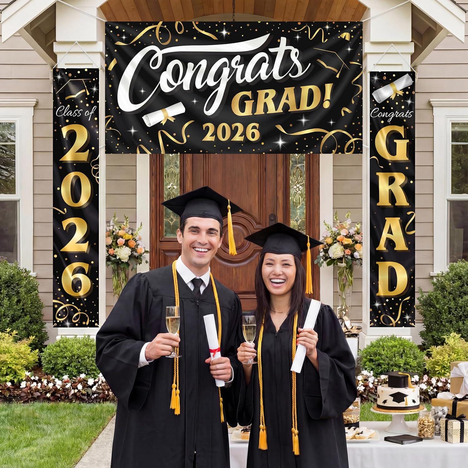 Class of 2026 Graduation Banner Set, Gold Black Congrats Grad Decorations (3pc)