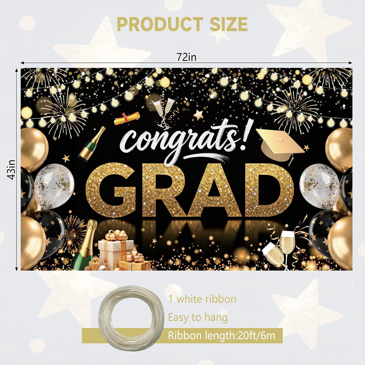 Class of 2026 Graduation Backdrop, Black Gold Congrats Banner (72x43 Inch)