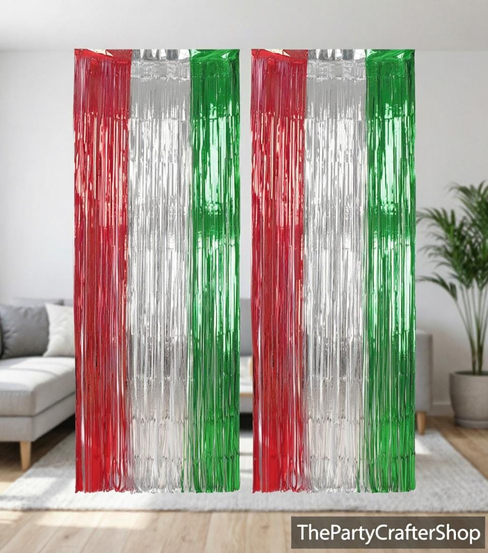 2 Pack Mexican Independence Day Foil Fringe Curtains, Red Silver Green Fiesta Decorations (3.2x6.6 Ft) TP