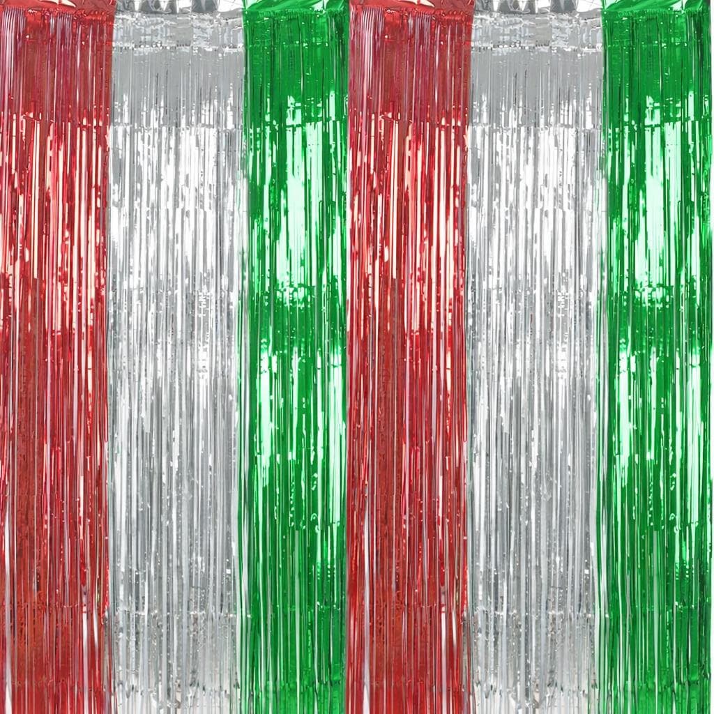2 Pack Mexican Independence Day Foil Fringe Curtains, Red Silver Green Fiesta Decorations (3.2x6.6 Ft) TP