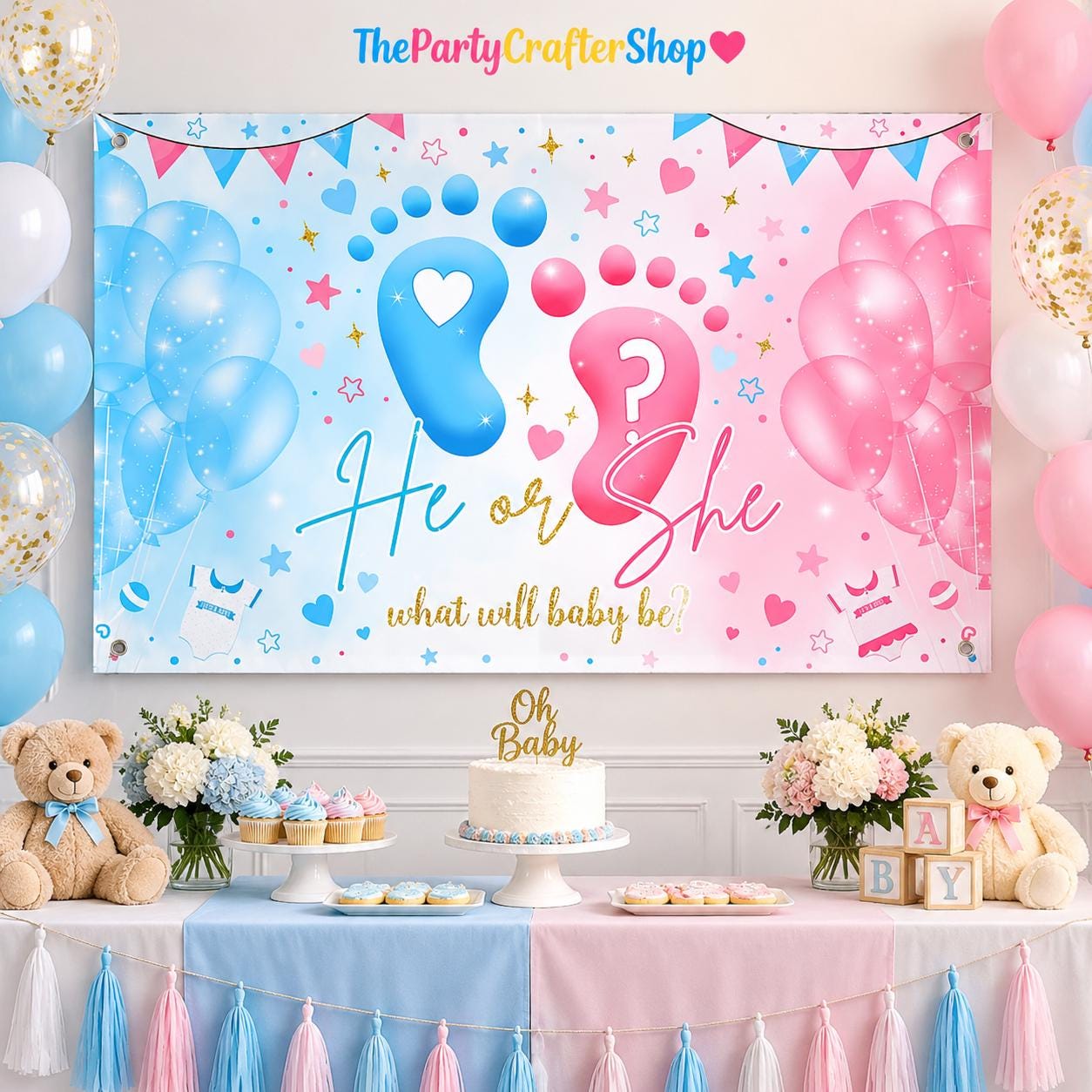 Gender Reveal Backdrop, Blue Pink Footprint Banner, Baby Shower Decor (6x3.6FT)