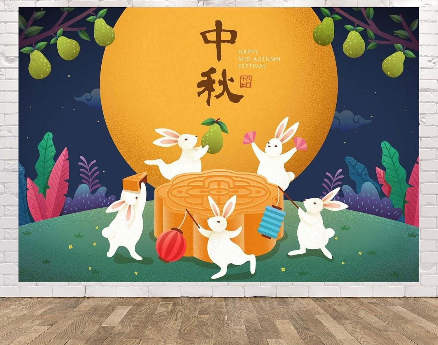 Mid Autumn Festival Backdrop, Rabbit Mooncake Moon, Chinese Party Photo Prop (6x4FT)