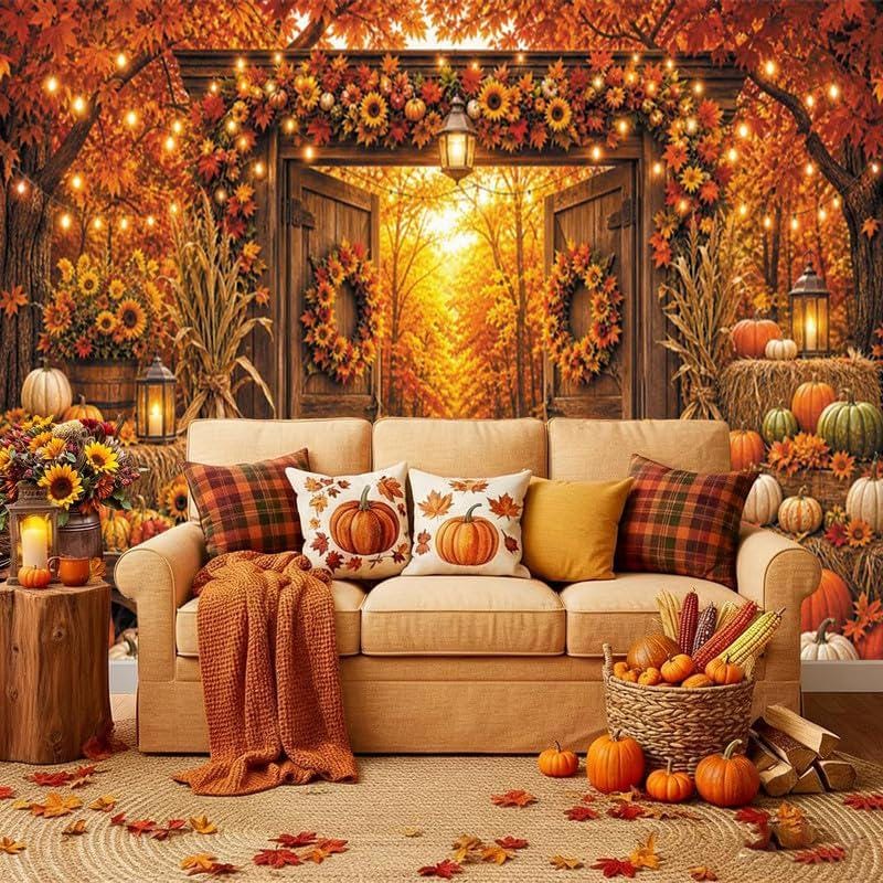 10x8FT Rustic Barn Door Fall Backdrop, Harvest Photography Prop (Vinyl)