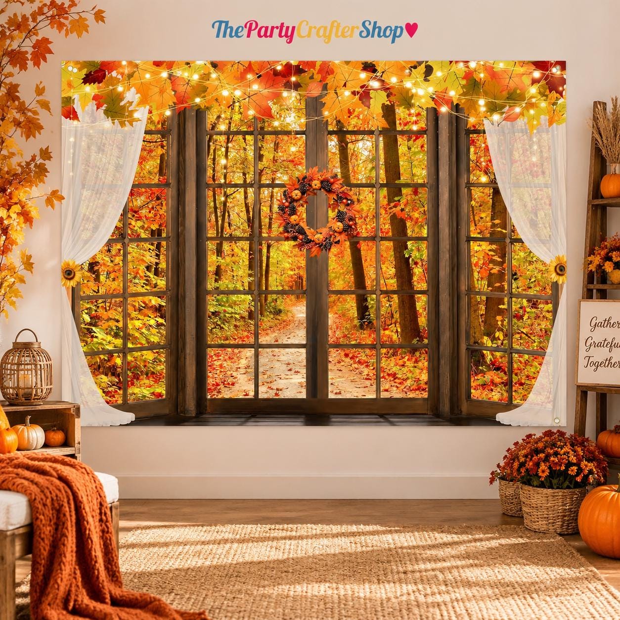 Fall Wooden Window Backdrop, Maple Pumpkin Sunflower Photography Prop (7x5FT)