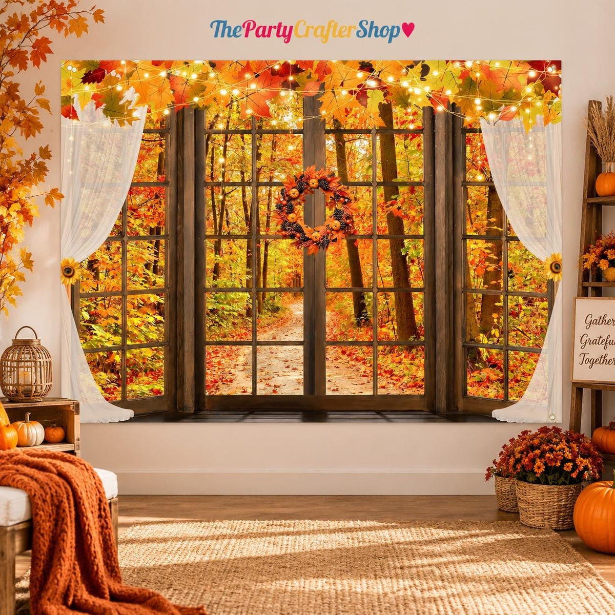 Fall Wooden Window Backdrop, Maple Pumpkin Sunflower Photography Prop (7x5FT)