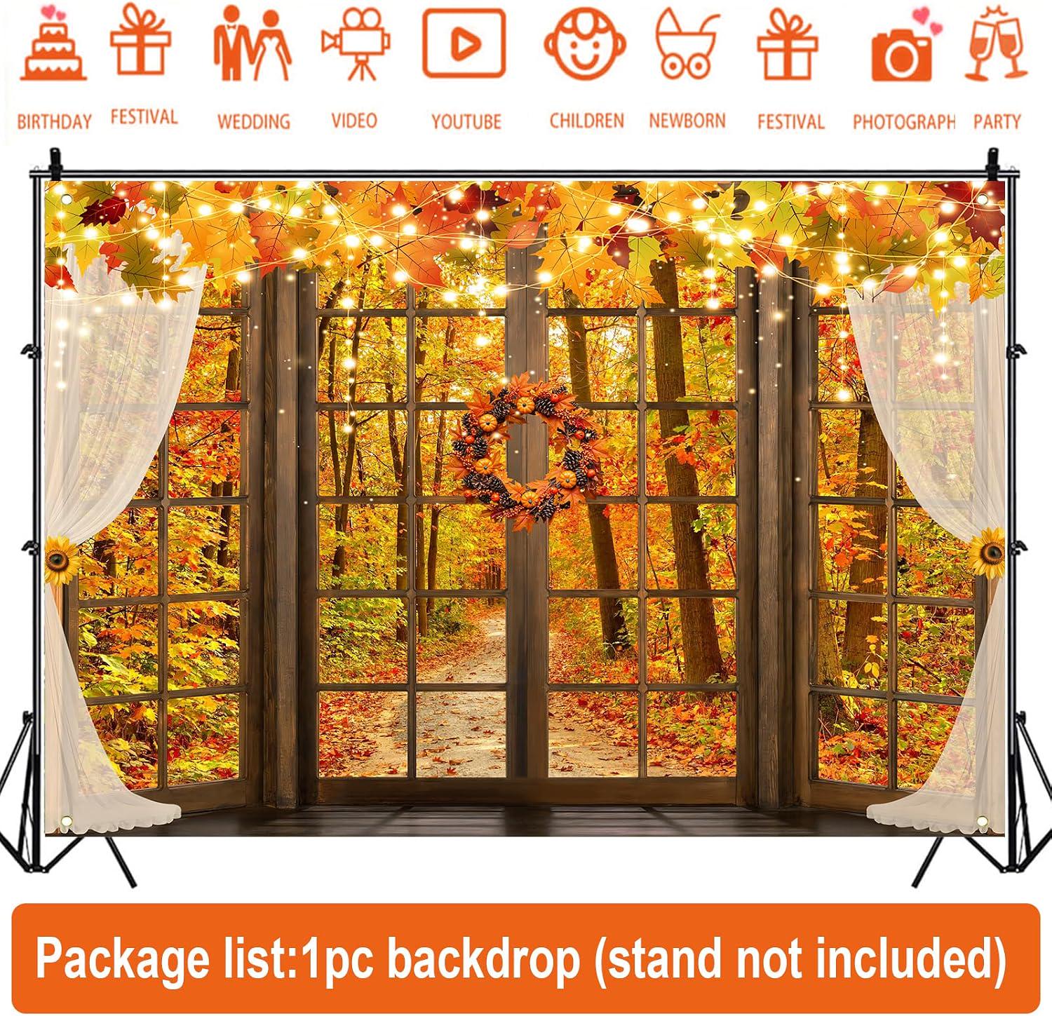Fall Wooden Window Backdrop, Maple Pumpkin Sunflower Photography Prop (7x5FT)