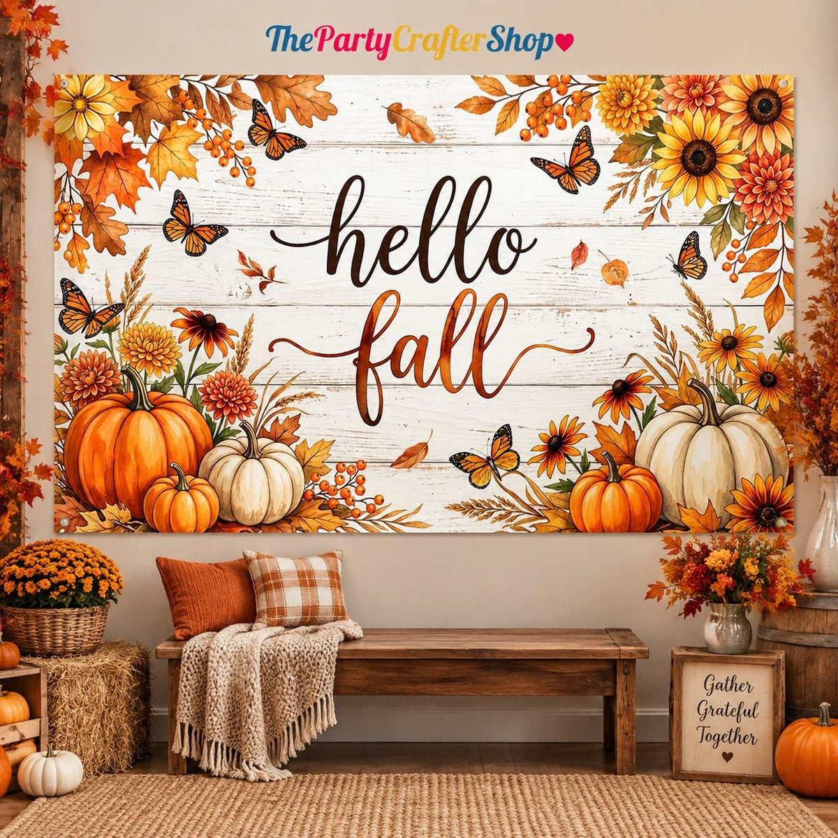 Hello Fall Pumpkin Patch Backdrop, Autumn Harvest Photography Background (6x3.6FT)
