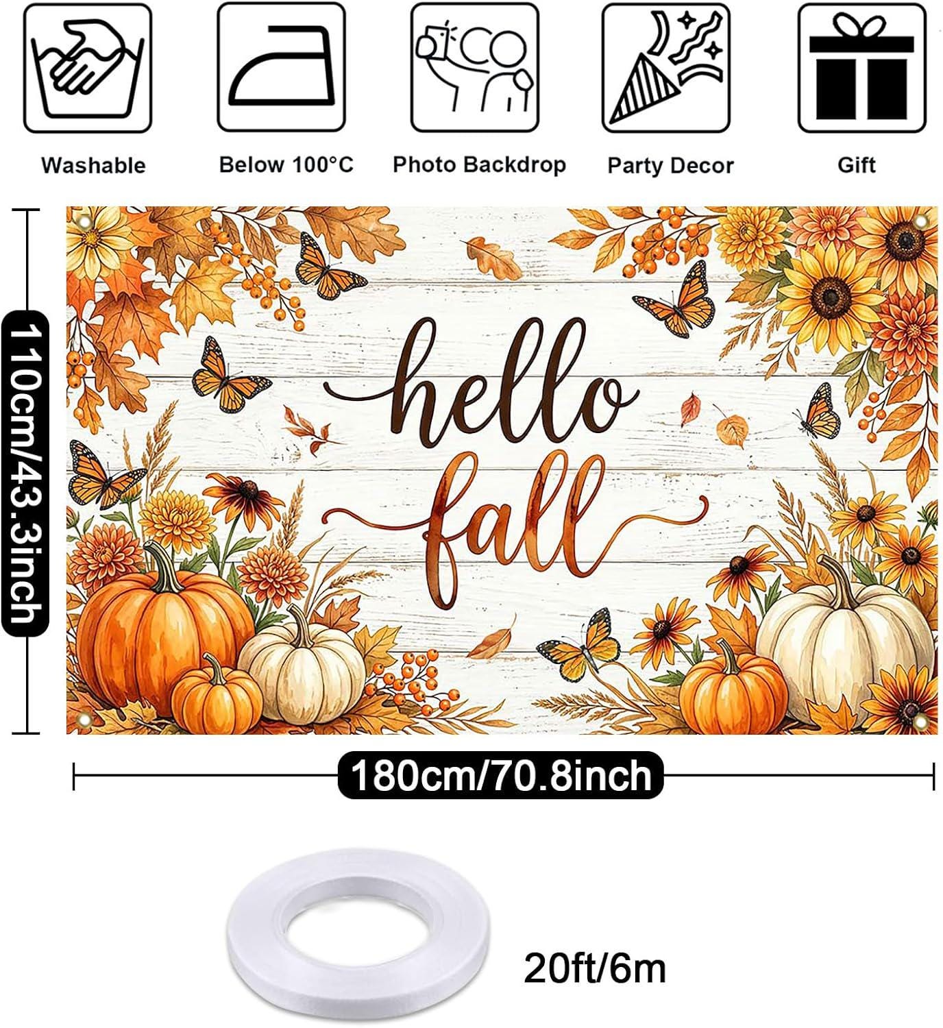 Hello Fall Pumpkin Patch Backdrop, Autumn Harvest Photography Background (6x3.6FT)