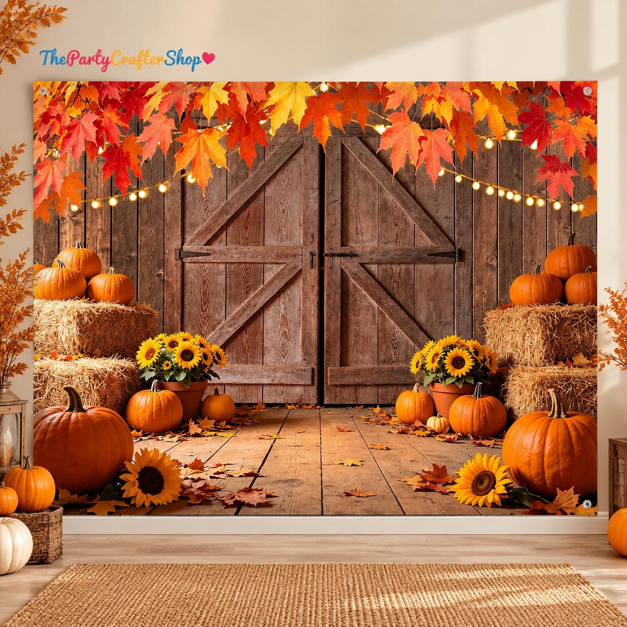 10x8FT Rustic Barn Door Fall Harvest Backdrop, Pumpkin Sunflower Farm Photo Prop (10x8FT)