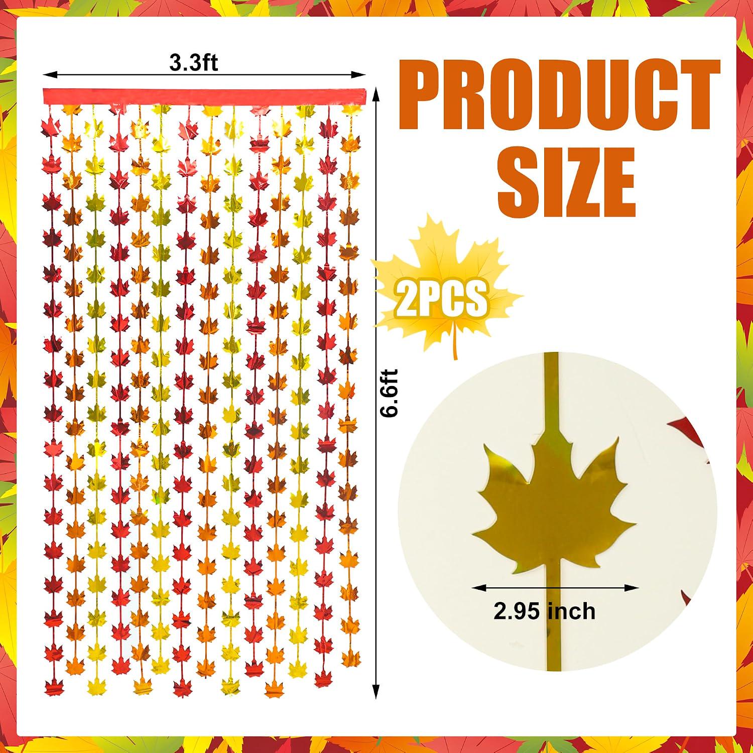 2 Pack Fall Maple Leaf Foil Curtains, Red Gold Orange Tinsel Backdrop (3.3x6.6ft)