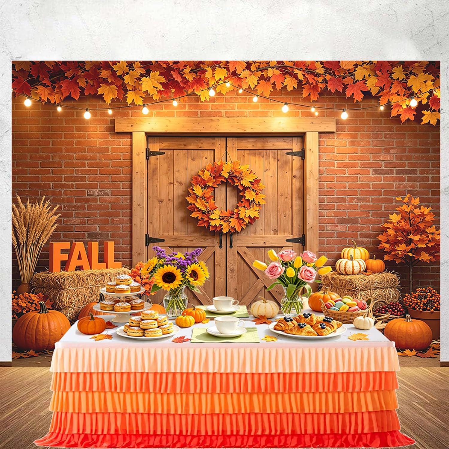 10x8FT Autumn Harvest Barn Door Backdrop, Rustic Farmhouse Pumpkin Background (10x8FT)