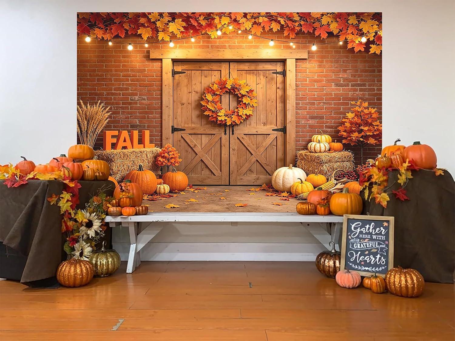 10x8FT Autumn Harvest Barn Door Backdrop, Rustic Farmhouse Pumpkin Background (10x8FT)