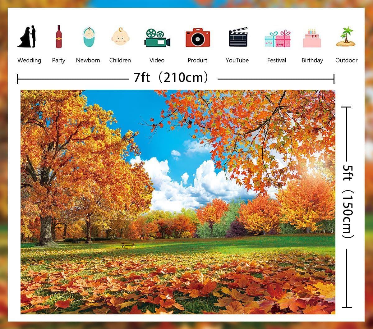 7x5FT Fall Forest Backdrop, Autumn Maple Leaves, Thanksgiving Party Decor