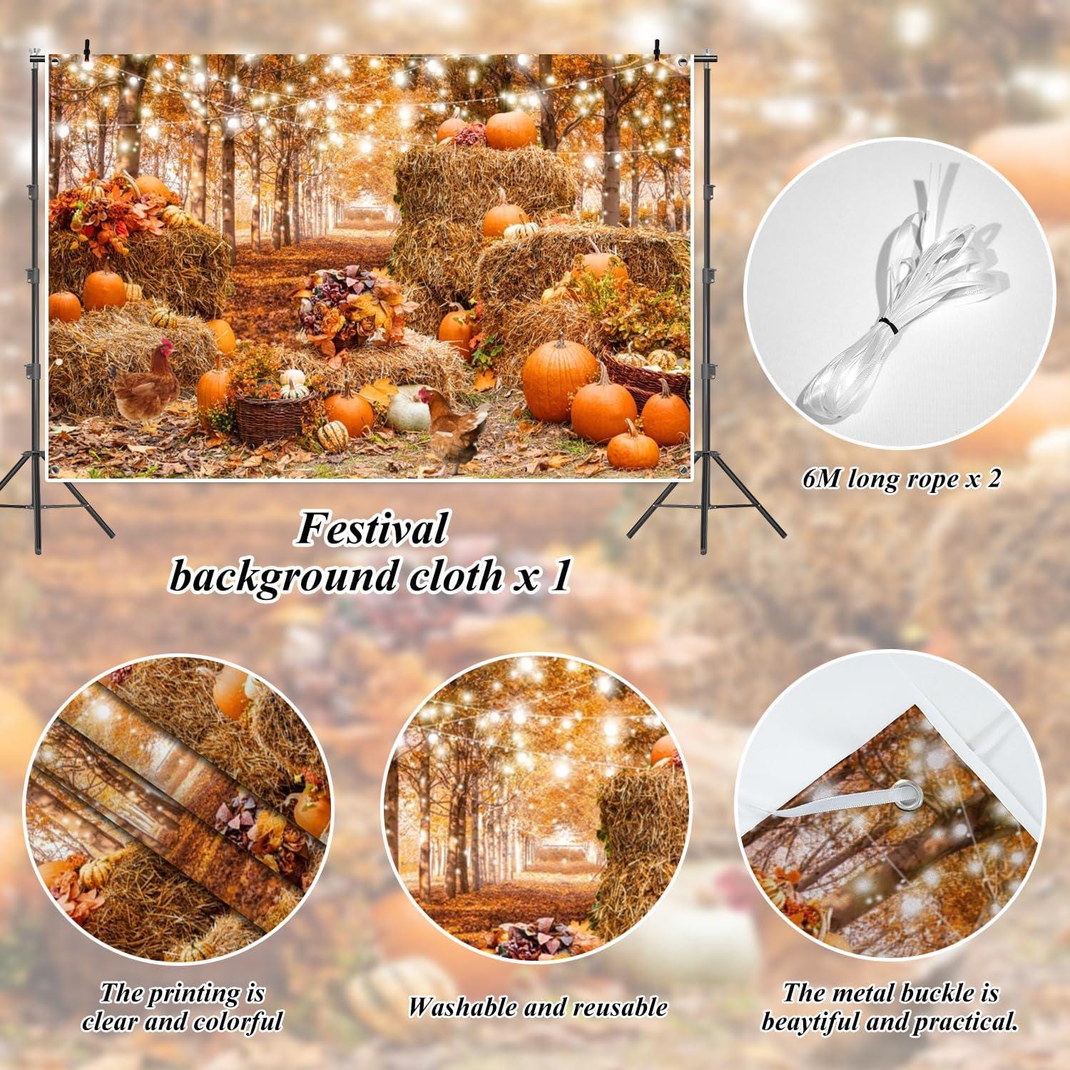 10x8FT Fall Harvest Backdrop, Autumn Leaves, Pumpkins, Hay Bales (Fabric Photo Booth Decor)