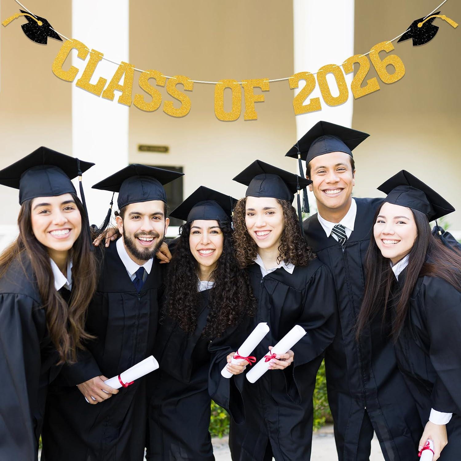 Gold Glitter Class of 2026 Graduation Banner, Eco-Friendly Paper Garland (6ft)