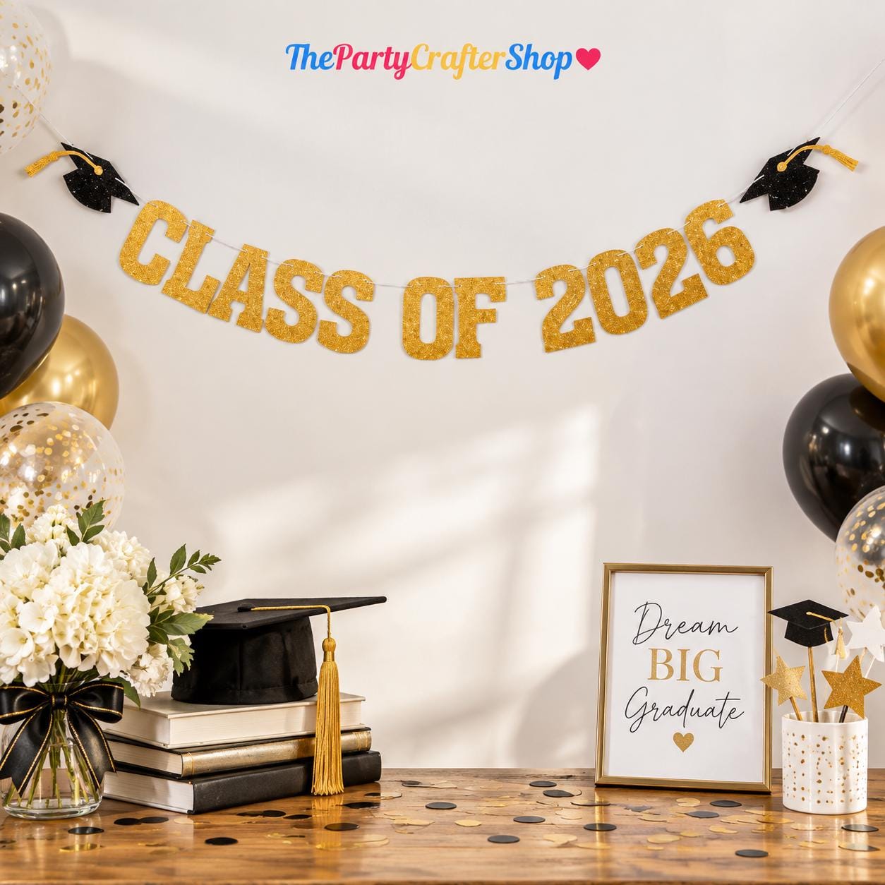 Gold Glitter Class of 2026 Graduation Banner, Eco-Friendly Paper Garland (6ft)