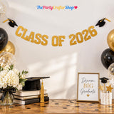 Gold Glitter Class of 2026 Graduation Banner, Eco-Friendly Paper Garland (6ft)