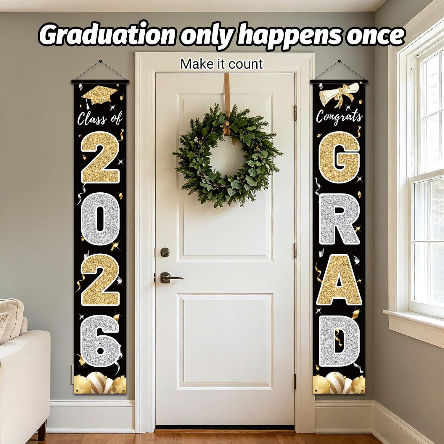 Class of 2026 Graduation Banner, Black & Gold Congrats Grad Porch Sign (72x12 Inch)