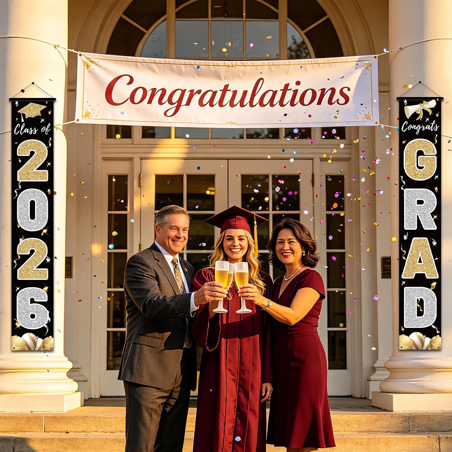 Class of 2026 Graduation Banner, Black & Gold Congrats Grad Porch Sign (72x12 Inch)