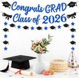 Blue Black Glitter Graduation Decorations, Class of 2026 Banner, Caps Garland (Pre-Strung)