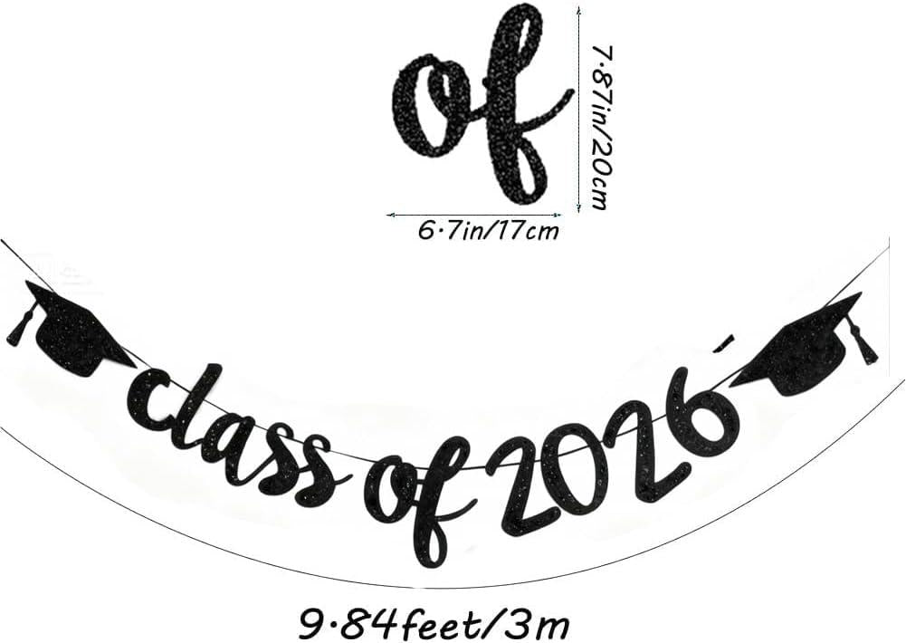 2026 Graduation Banner, Black Glitter Garland, Class of 2026 Party Decor (9.84ft Ribbon)
