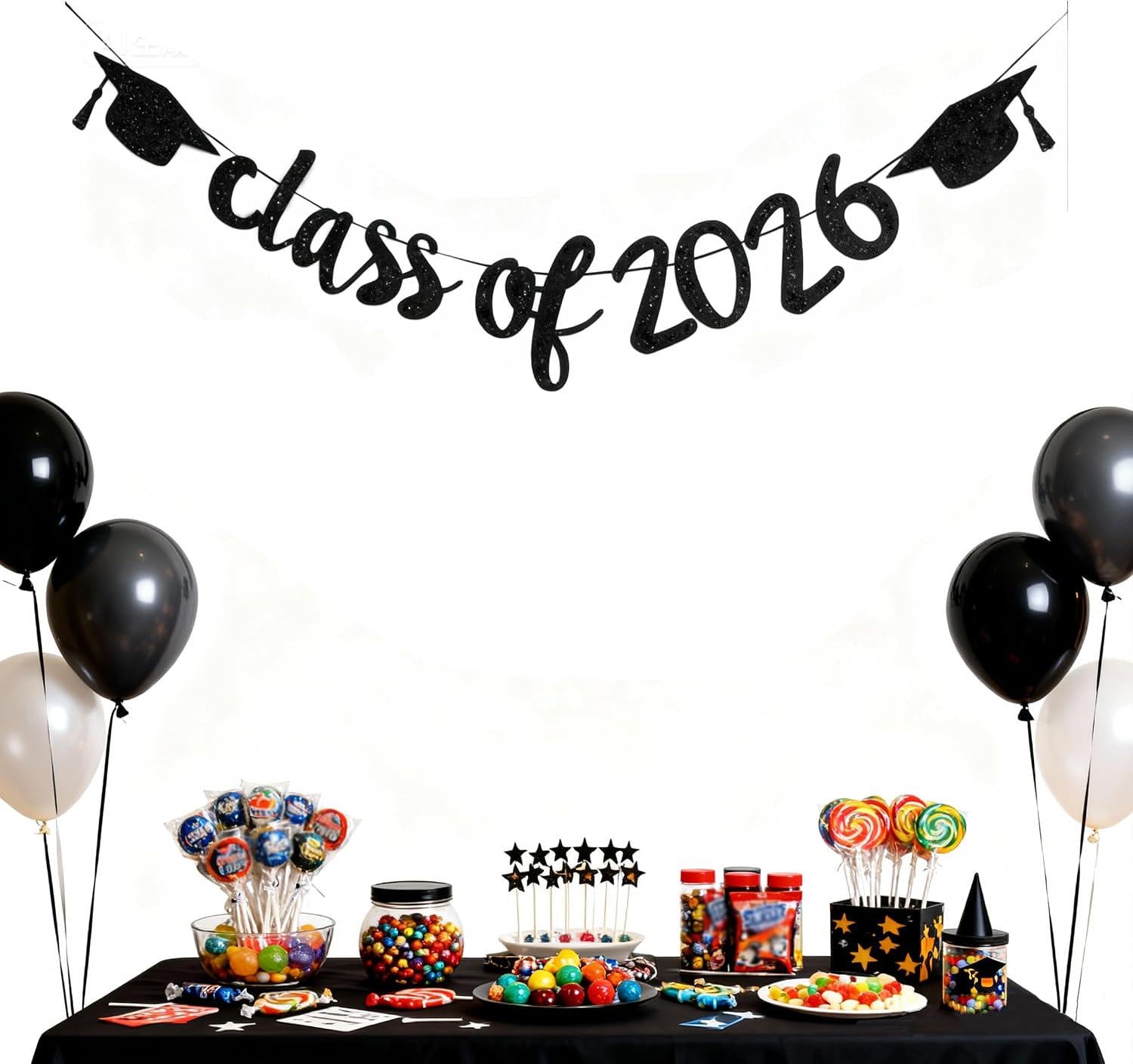 2026 Graduation Banner, Black Glitter Garland, Class of 2026 Party Decor (9.84ft Ribbon)