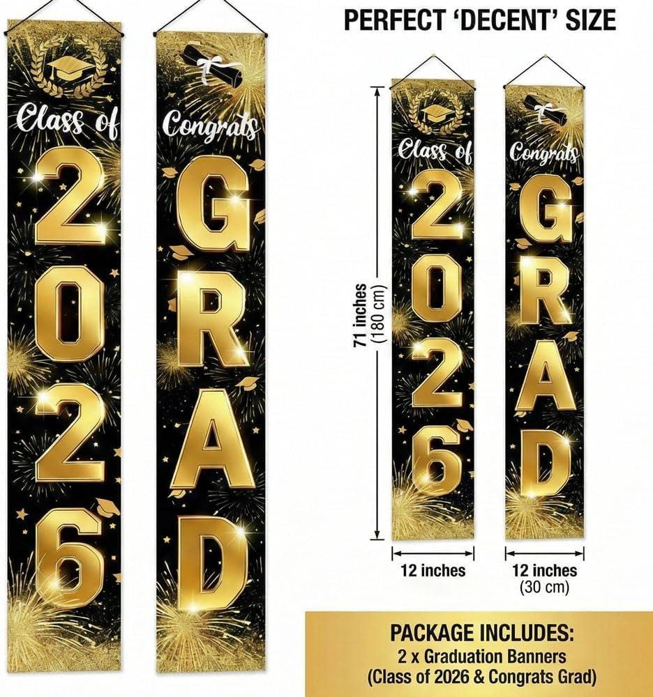 Class of 2026 Graduation Banner Set, Black Gold Oxford Fabric, Indoor Outdoor Decor