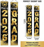 Class of 2026 Graduation Banner Set, Black Gold Oxford Fabric, Indoor Outdoor Decor