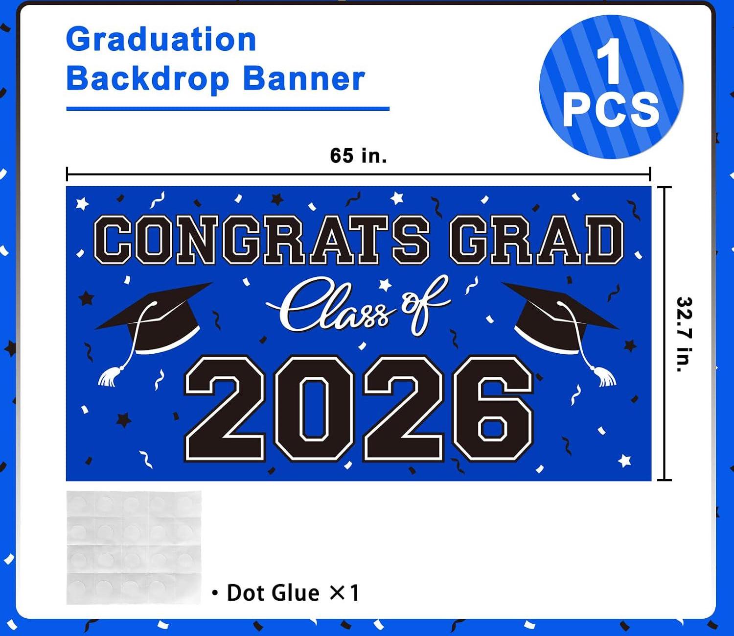 2026 Graduation Banner, Blue Congrats Grad Sign, Class of 2026 Party Decorations (65x32.7 Inch)