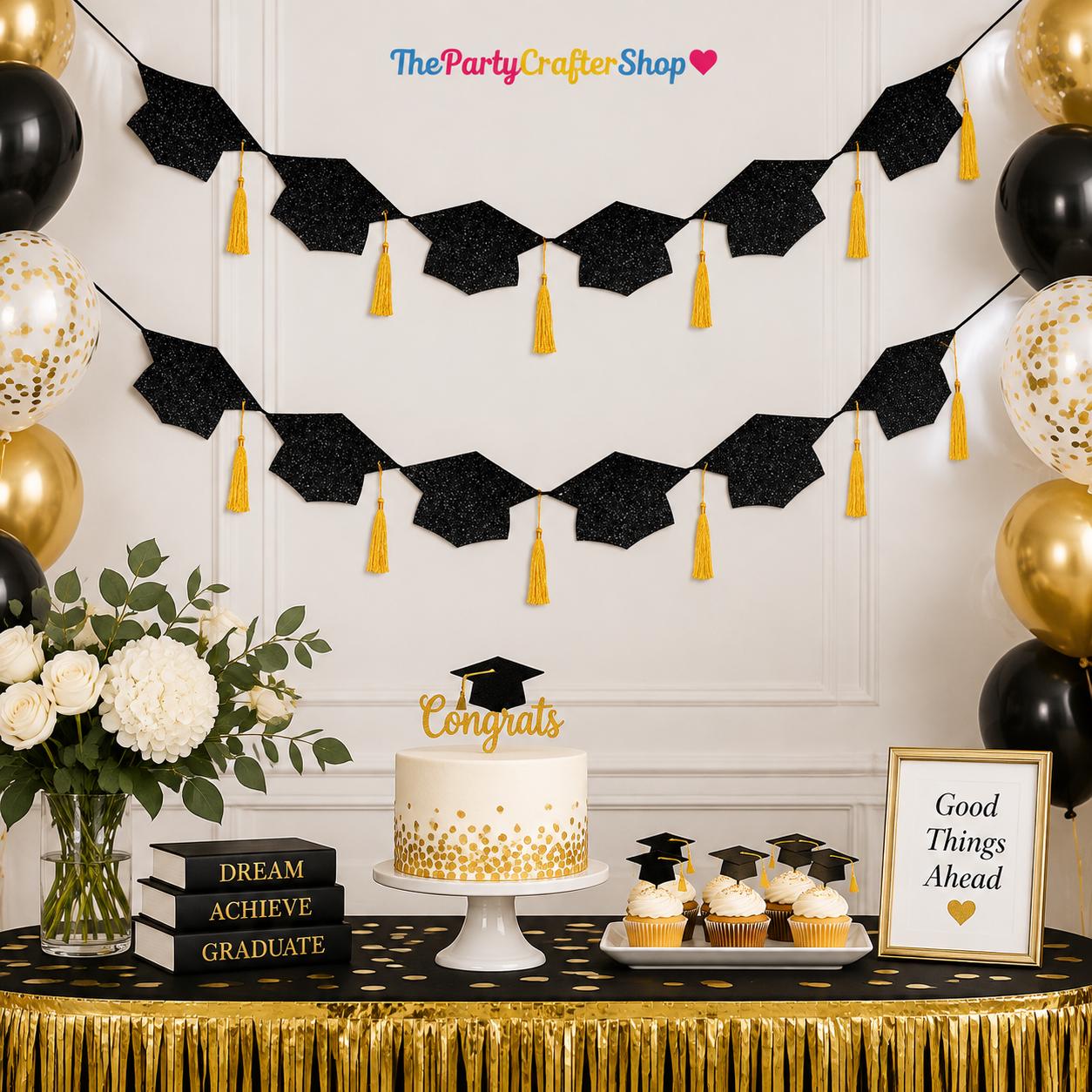 Class of 2026 Graduation Banner, Black Glitter Caps with Gold Tassels (9.6FT)