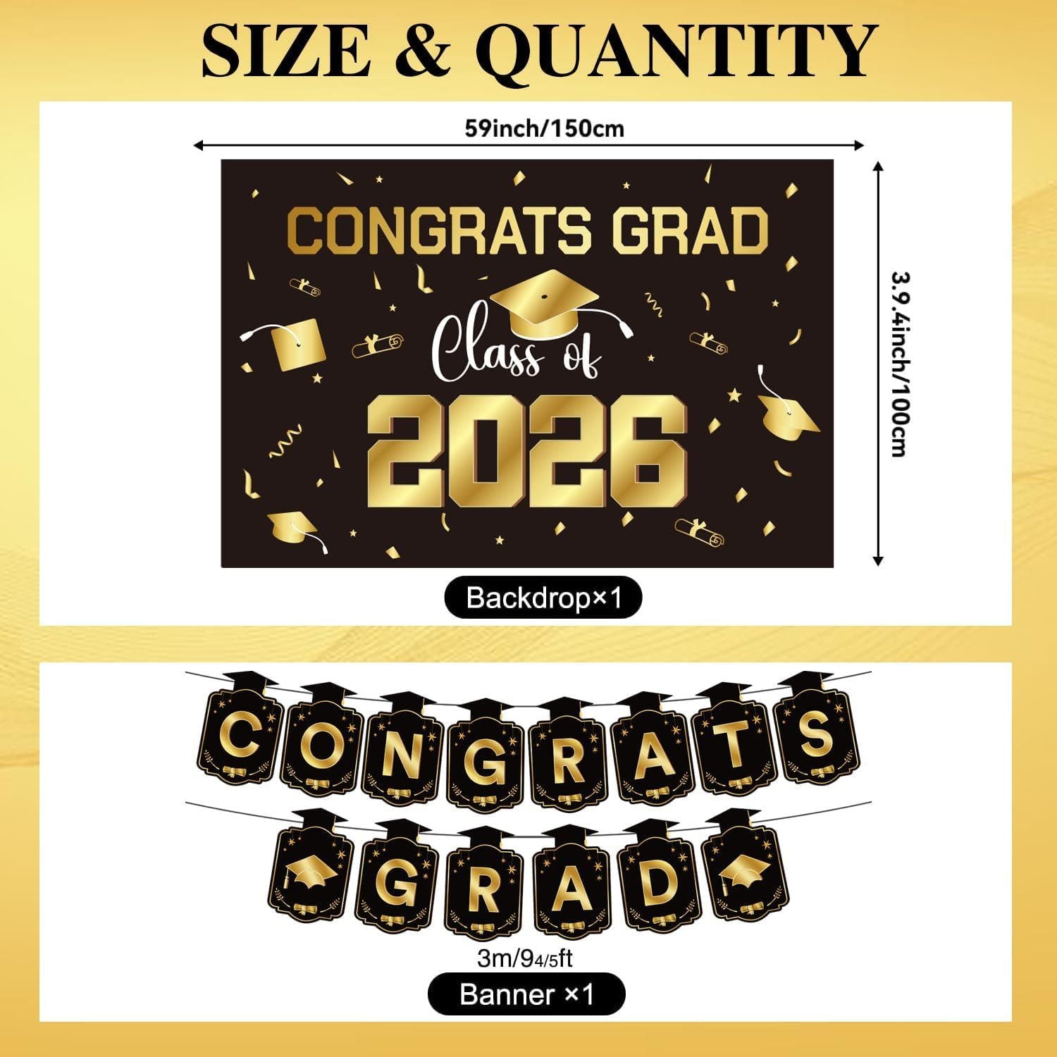 Class of 2026 Graduation Party Kit, Gold Black Balloons, Backdrop, Banner, Streamers