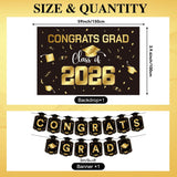Class of 2026 Graduation Party Kit, Gold Black Balloons, Backdrop, Banner, Streamers