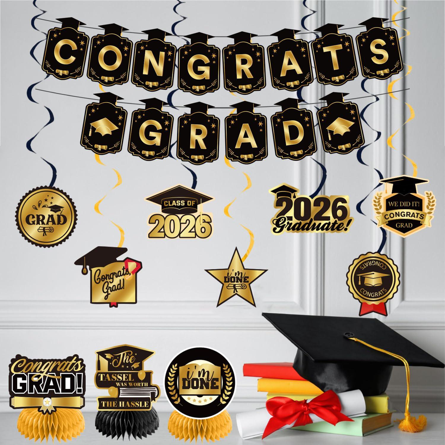 Class of 2026 Graduation Party Kit, Gold Black Balloons, Backdrop, Banner, Streamers