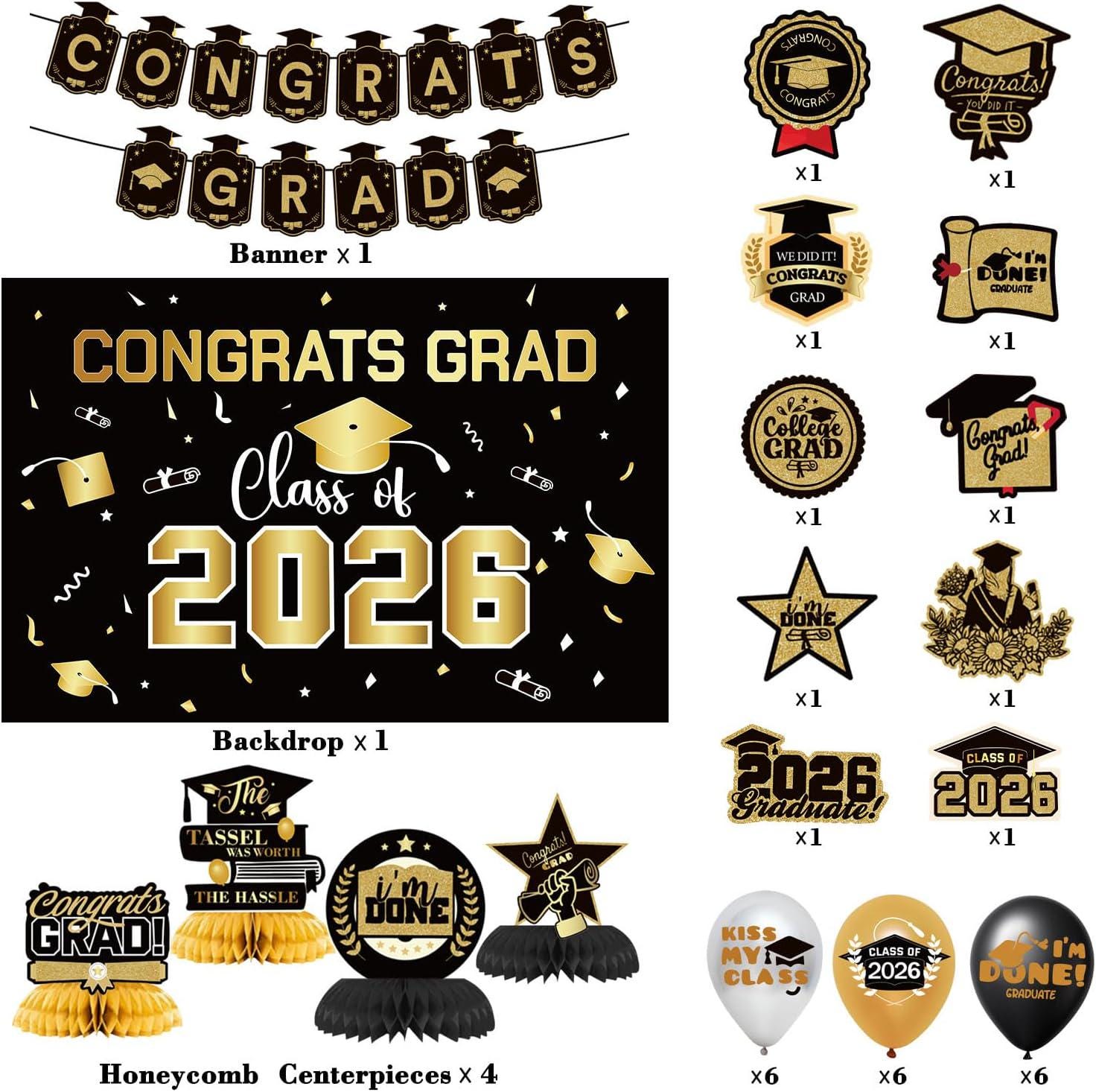 Class of 2026 Graduation Party Decorations Set, Black Gold Backdrop, Balloons, Banner Kit