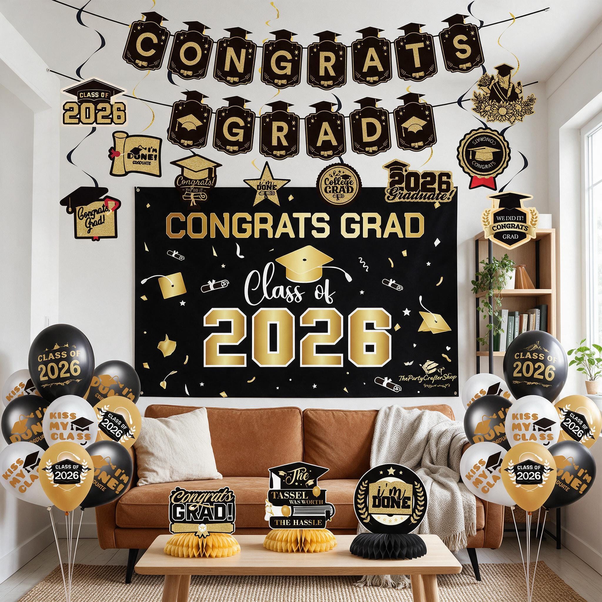 Class of 2026 Graduation Party Decorations Set, Black Gold Backdrop, Balloons, Banner Kit