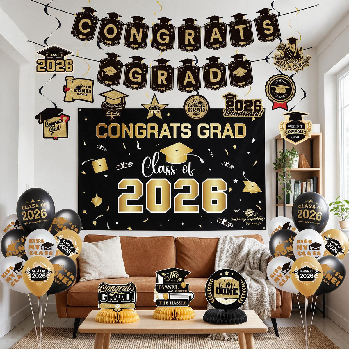 Class of 2026 Graduation Party Decorations Set, Black Gold Backdrop, Balloons, Banner Kit