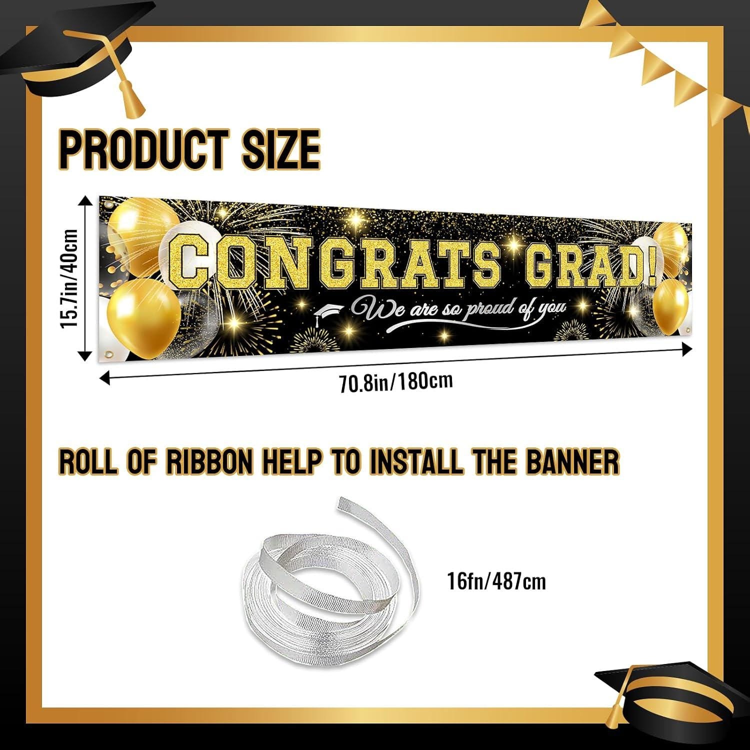 Class of 2026 Graduation Banner, Black Gold Congrats Grad Yard Sign (6x1.3FT)