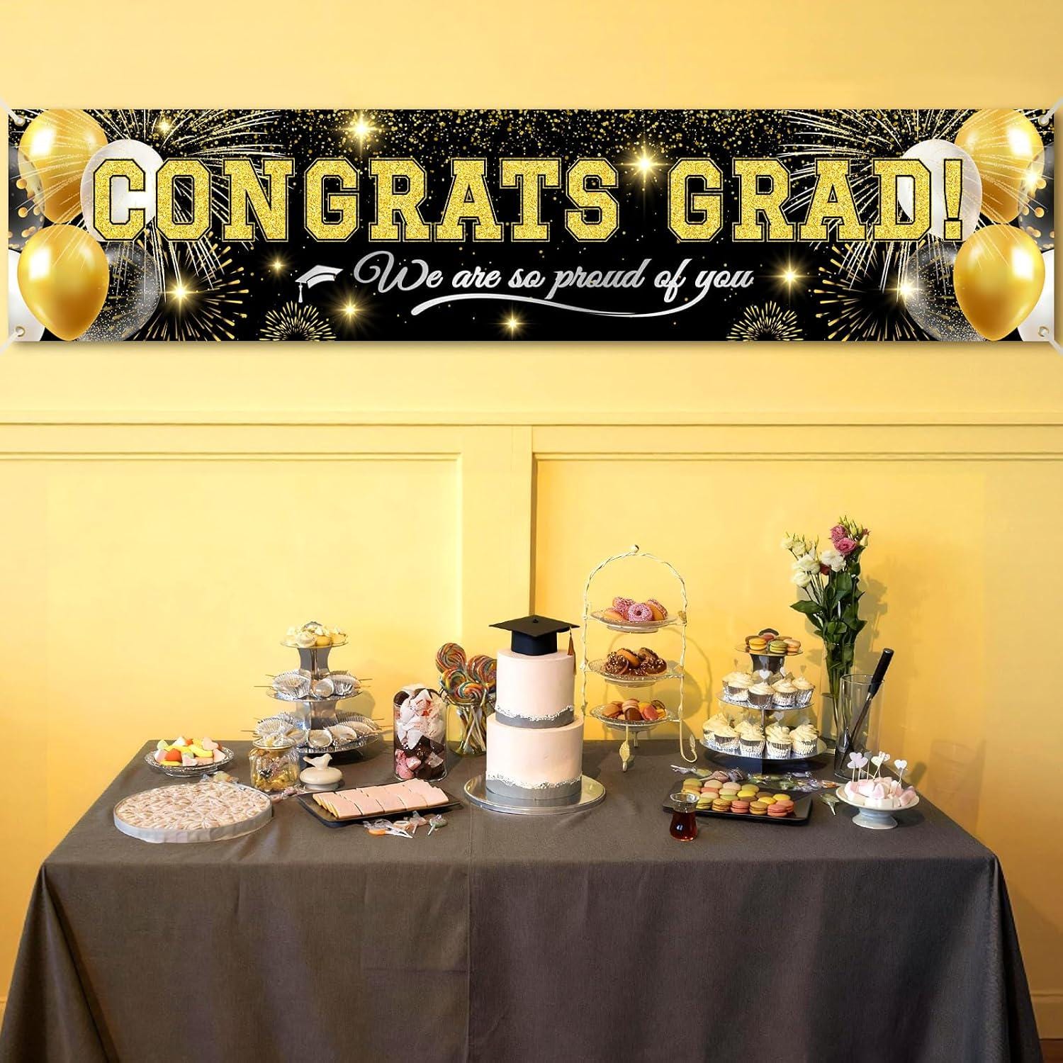 Class of 2026 Graduation Banner, Black Gold Congrats Grad Yard Sign (6x1.3FT)