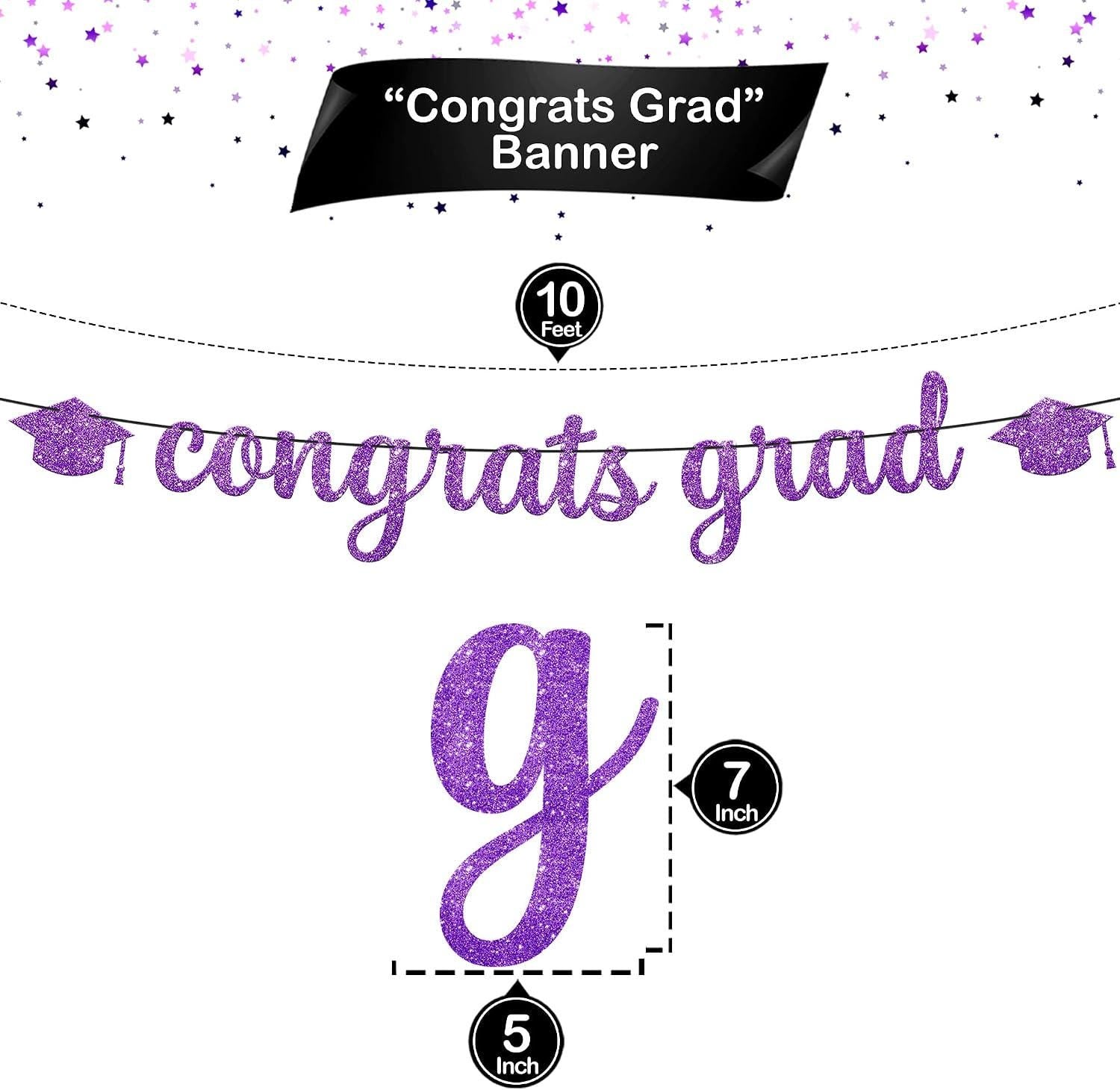 Purple Glitter Graduation Banner, 10FT Congrats Grad Garland, Class of 2026 Party Decor