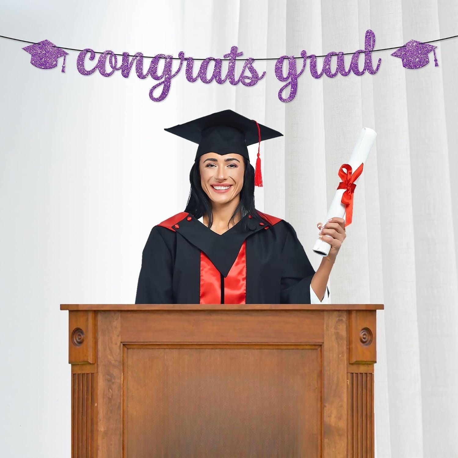 Purple Glitter Graduation Banner, 10FT Congrats Grad Garland, Class of 2026 Party Decor