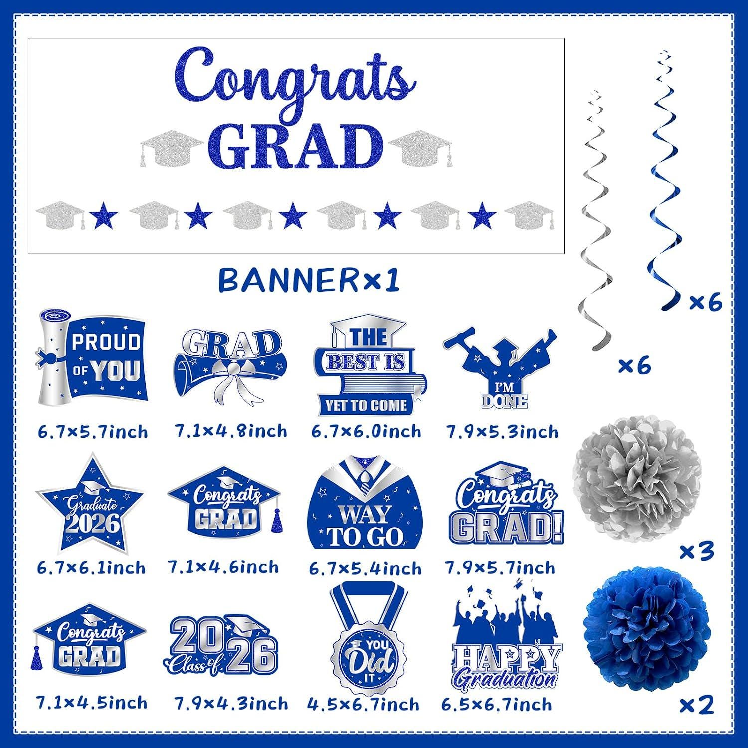2026 Graduation Party Decorations, Blue Glitter Banner, Pom Poms, Swirls (Class of 2026)