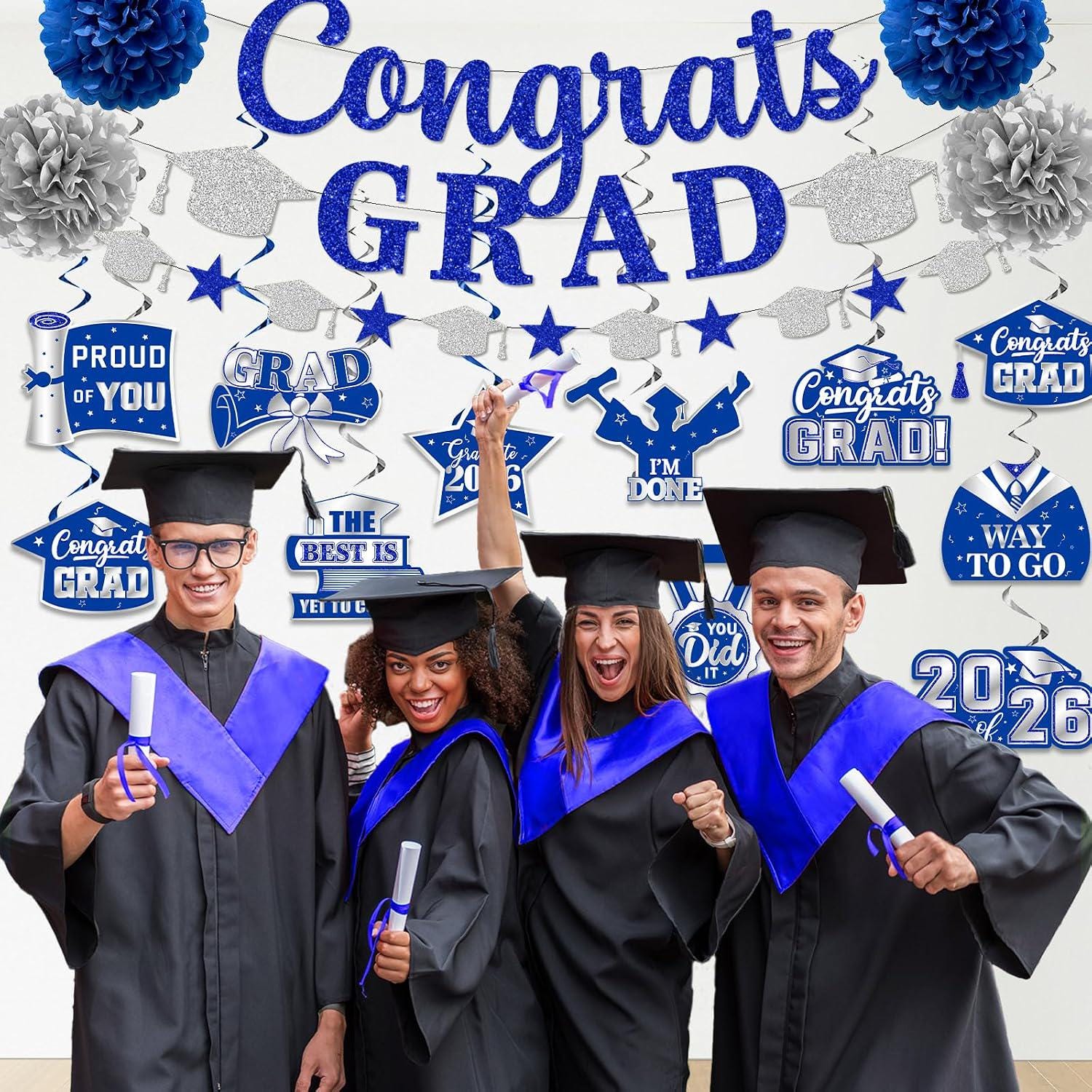 2026 Graduation Party Decorations, Blue Glitter Banner, Pom Poms, Swirls (Class of 2026)