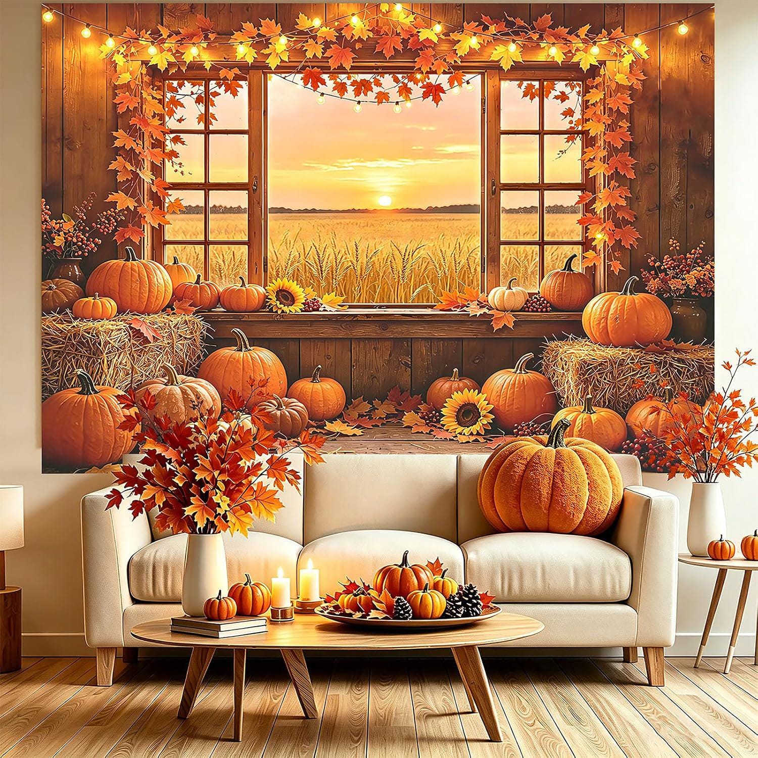 10x8FT Autumn Harvest Barn Window Backdrop, Pumpkin Maple Leaf Photography Background (10x8FT)