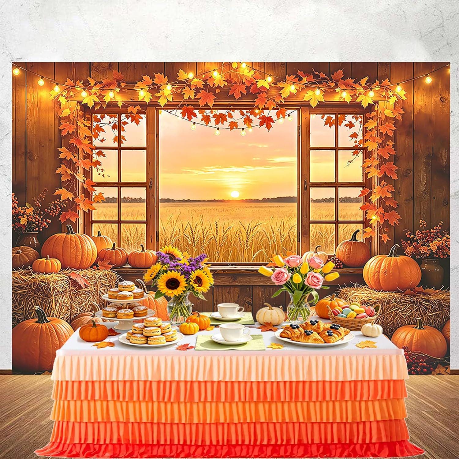 10x8FT Autumn Harvest Barn Window Backdrop, Pumpkin Maple Leaf Photography Background (10x8FT)
